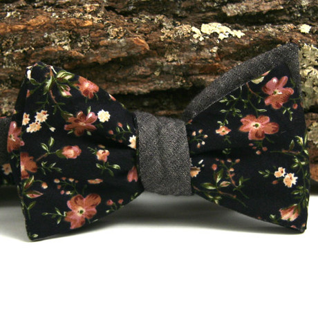 Black Floral & Deep Brown Chambray Reversible Bow Tie