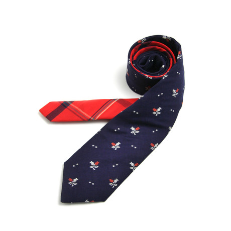 Mini Jacquard Navy Floral & Crimson Plaid Necktie