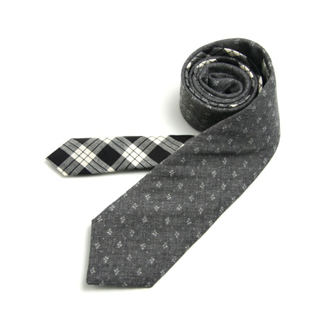 Mini Floral Print Grey Heather & Tonal Check Necktie