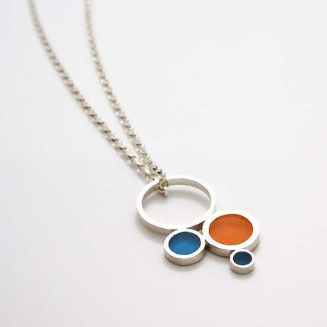 Silver & Epoxy Resin Pendant Ring // 19.75" Chain (Orange & Blue)