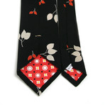 Art Silk Black Leaf Print & Crimson Medallion Necktie