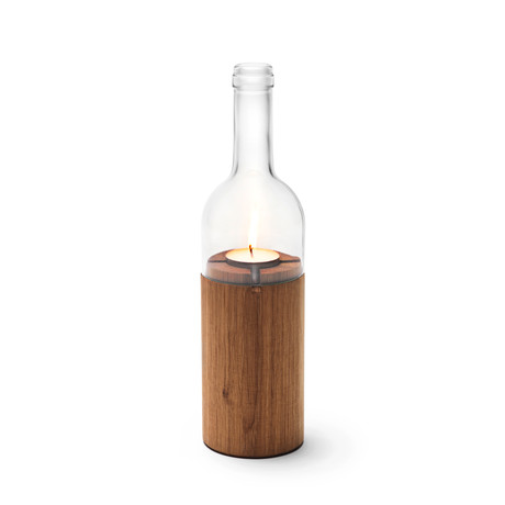 Wine Bottle Votive / Oak + Clear Glass