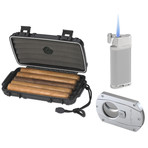 Lotus Travel Humidor Gift Set // Humidor, Lighter & Cigar Cutter (Brushed Chrome)