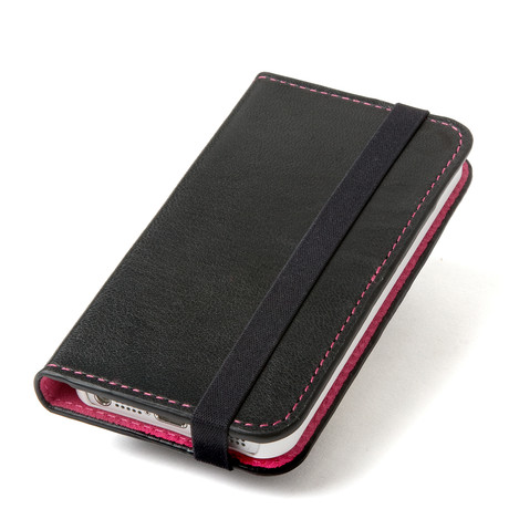 Thin Leather Wallet Case for iPhone 5 // Black + Pink (Black, Pink)