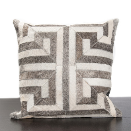 Grey & White Greek Key Pattern Cow Hide Pillow
