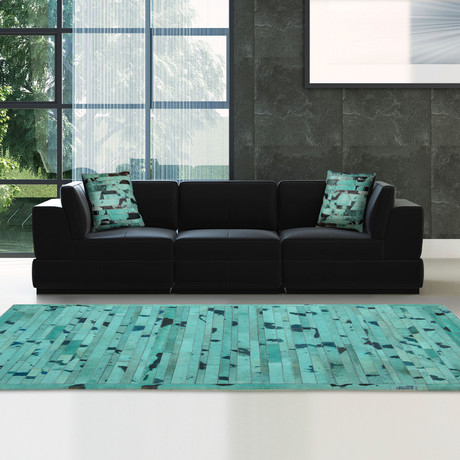 Cow Hide Rug // Turquoise Ticking (4'L x 6'H)