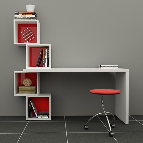 Balanced Desk & Bookcase (White, Red)