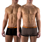 Cotton Stretch Solid + Stripe Trunks // 2 Pack // Orange, Black (S)