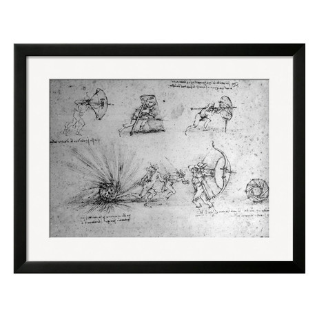 Leonardo Da Vinci // Study with Shields For Foot Soldiers and an Exploding Bomb, c.1485-88 (White Frame)
