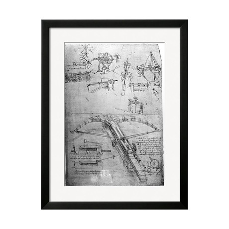 Leonardo Da Vinci // Weapon Designs, Including For a Giant Crossbow, Codex Atlanticus, 1478-1518 (White Frame)