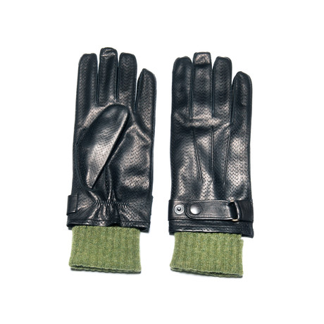 Perforated Nappa Glove Knitted Cuff // Black + Fern (S)