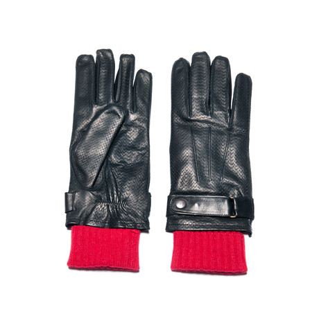 Perforated Nappa Glove Knitted Cuff // Black & Sangria (S)