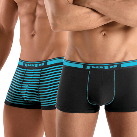 2 Pack Cotton Stretch Solid & Bold Stripe Brazilian Trunks // Turquoise (L)