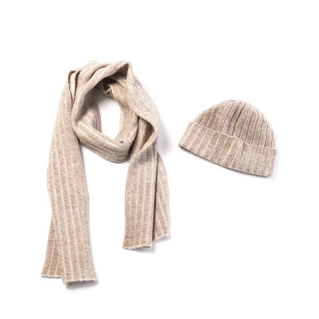 Cashmere Blend Melange Scarf & Hat With Cuff // Nile Brown & Off-White
