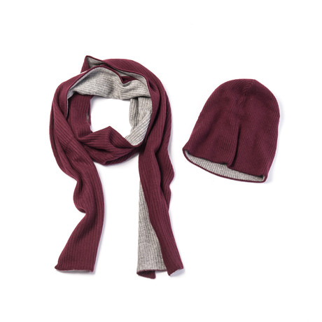 Cashmere Blend Ribbed Two-Tone Scarf + Hat (Marooon, Light Heather Grey)