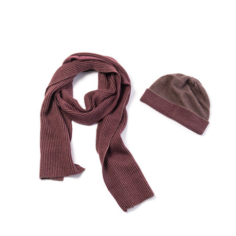 Cashmere Blend Striped Scarf & Striped Cuff Hat // Sable Brown & Maroon