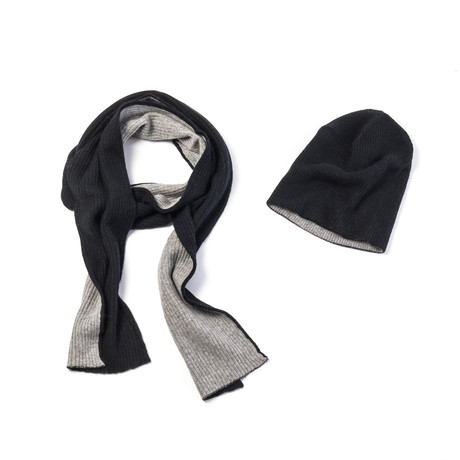 Cashmere Blend Ribbed Two-Tone Scarf + Hat (Black, Light Heather Grey)