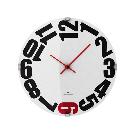 Domed Glass Wall Clock // Red Six in White