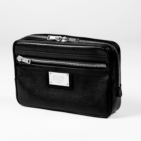 Small Toiletry Case // Black and Silver Leather