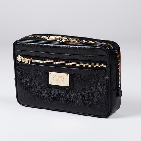 Small Toiletry Case // Black and Gold Leather