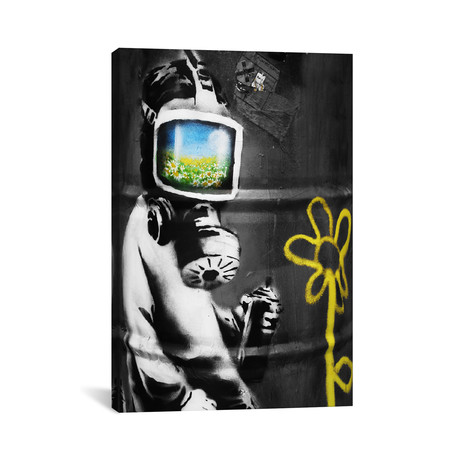 Sunflower Field Gas Mask Girl Black And White // Banksy (26"W x 18"H x 0.75"D)