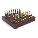 Chess Set //  Zinc/Wood Chessmen + Leather Chessboard/Box