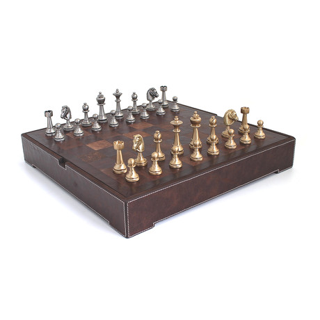 Chess Set //  Solid Brass Chessmen + Leather Chessboard/Box