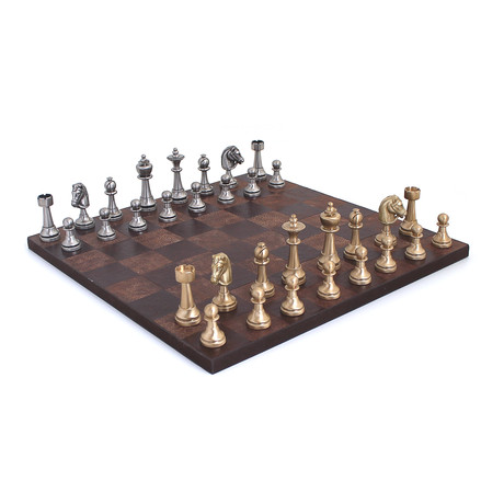 Chess Set //  Solid Brass Chessmen + Leather Chessboard