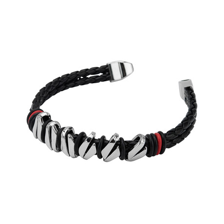 Twisted Steel And Leather Bracelet // Black + Red