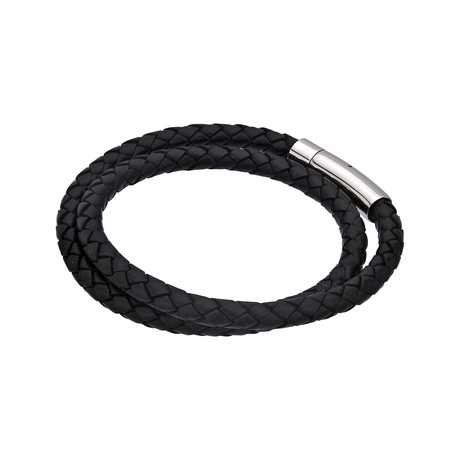 Double Round Braided Leather Bracelet (Black)