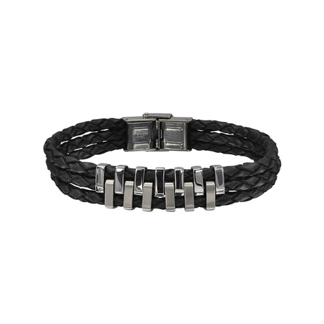 Leather Triple Band Bracelet With Puzzle Pieces Bar Pattern // Black