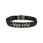 Leather Triple Band Bracelet With Puzzle Pieces Bar Pattern // Black