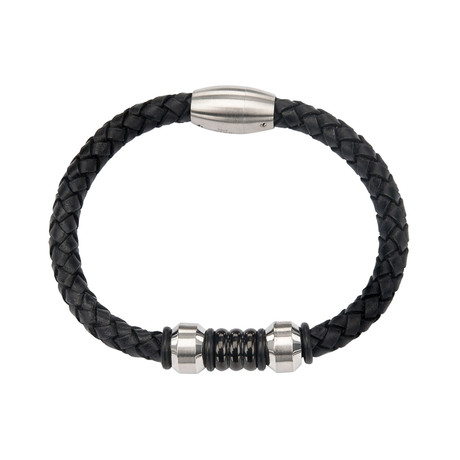 Leather Bracelet With Ribbed Barrel // Black