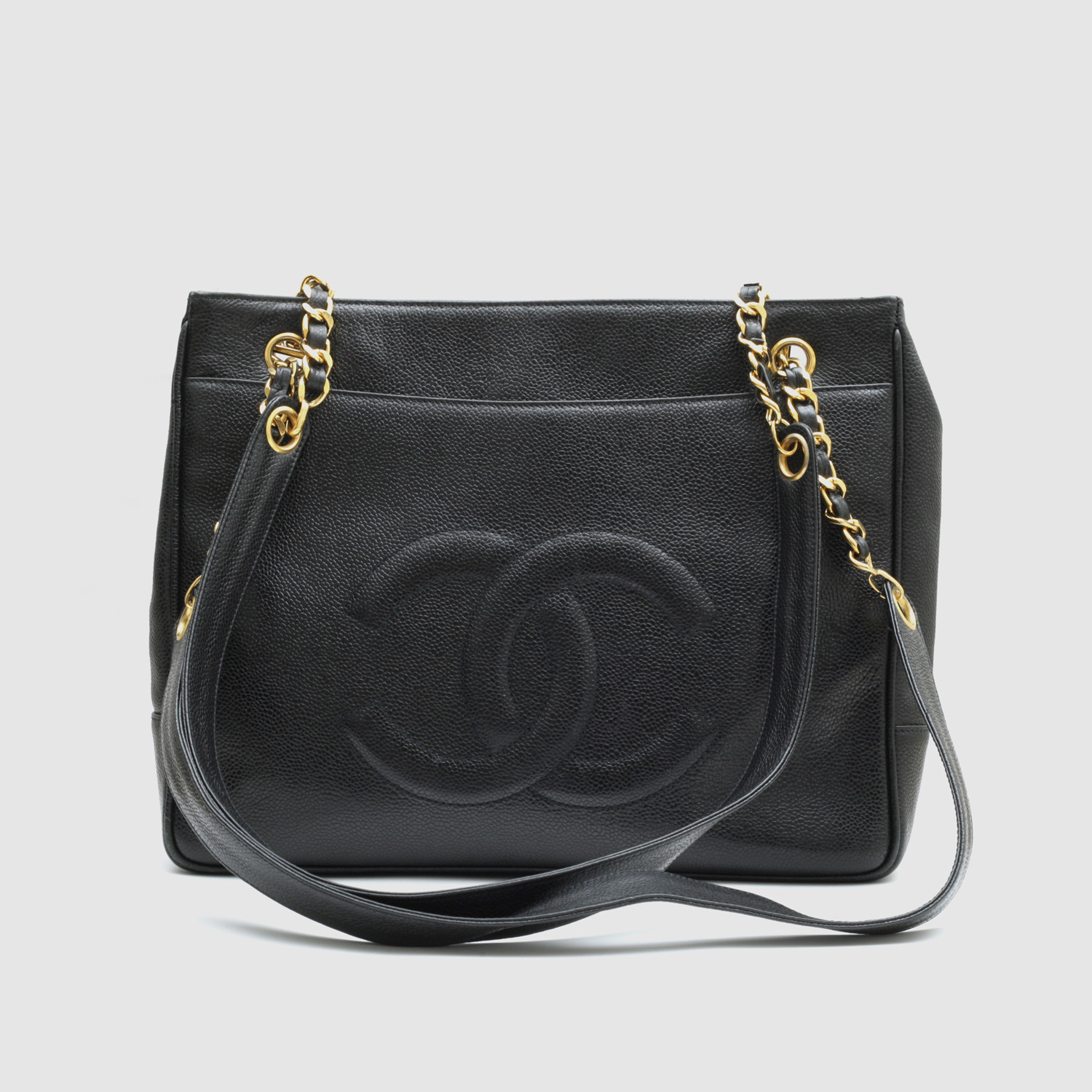 Vintage Chanel CC Logo Shopper Tote // Black Caviar Leather ...