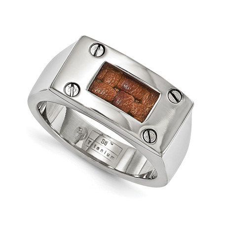 Texture Titanium Brown Leather Insert Polished Ring (Size 8)