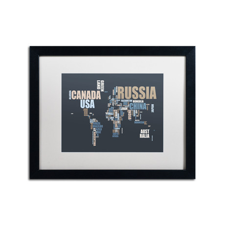 World Text Map // Blue // Matted Framed