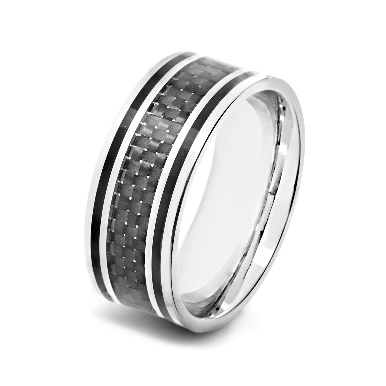 Crucible Stainless Steel Black Carbon Fiber Inlay Ring (Size 8