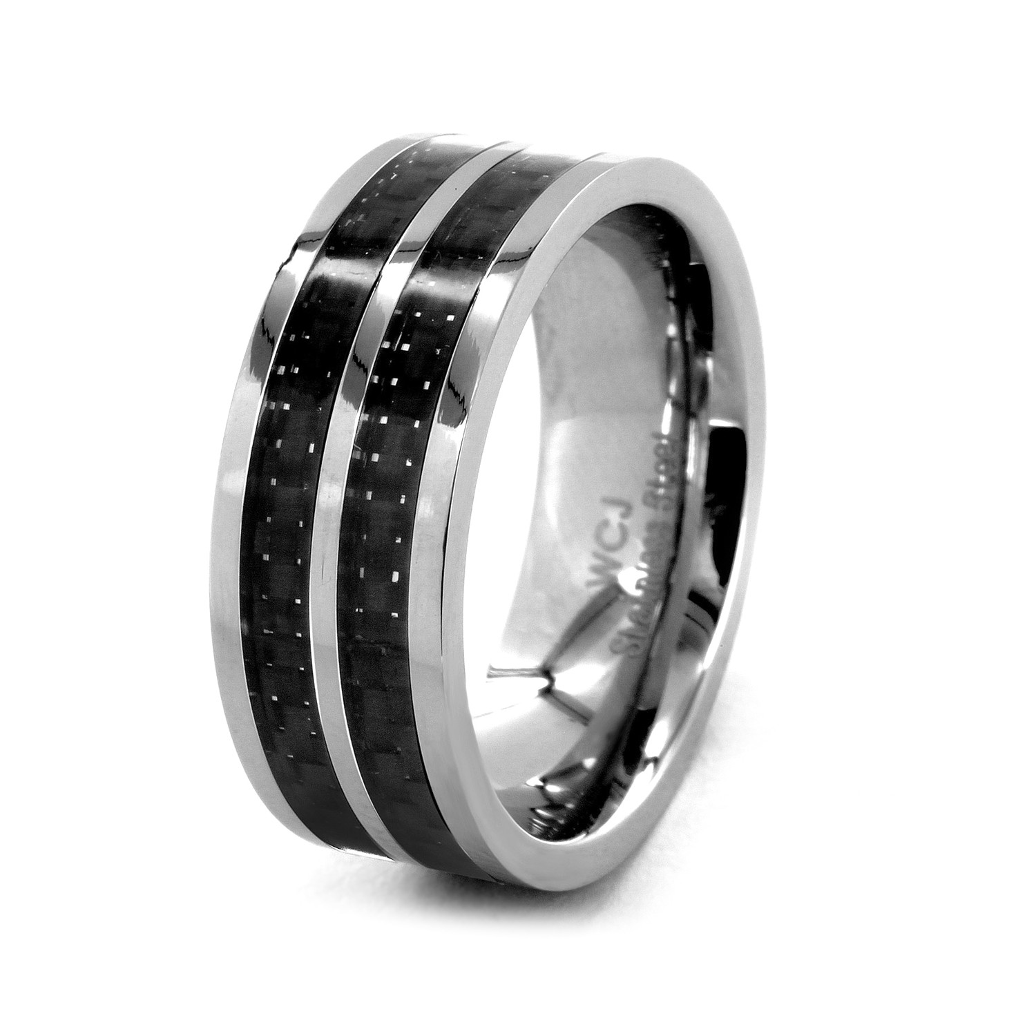Crucible Stainless Steel Black Striped Carbon Fiber Inlay Ring (Size 8