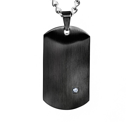 Crucible Stainless Steel Dog Tag Pendant With Cubic Zirconia (Black)