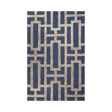 Hand-Tufted Geometric Pattern Wool/Art Silk // Blue & Tan (2'L x 3'W)