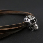 Tribal Human Skull Bracelet (Bronze + Black Leather)