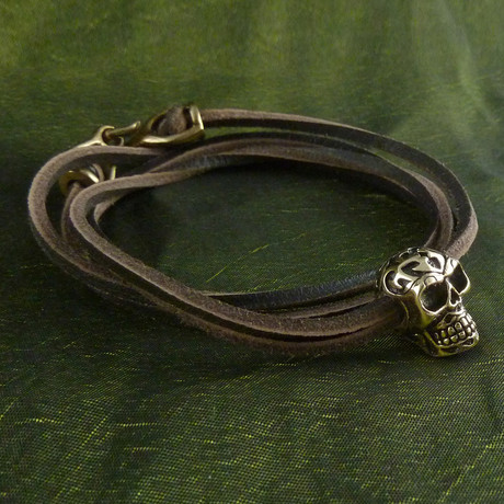 Tribal Human Skull Bracelet (Bronze + Black Leather)