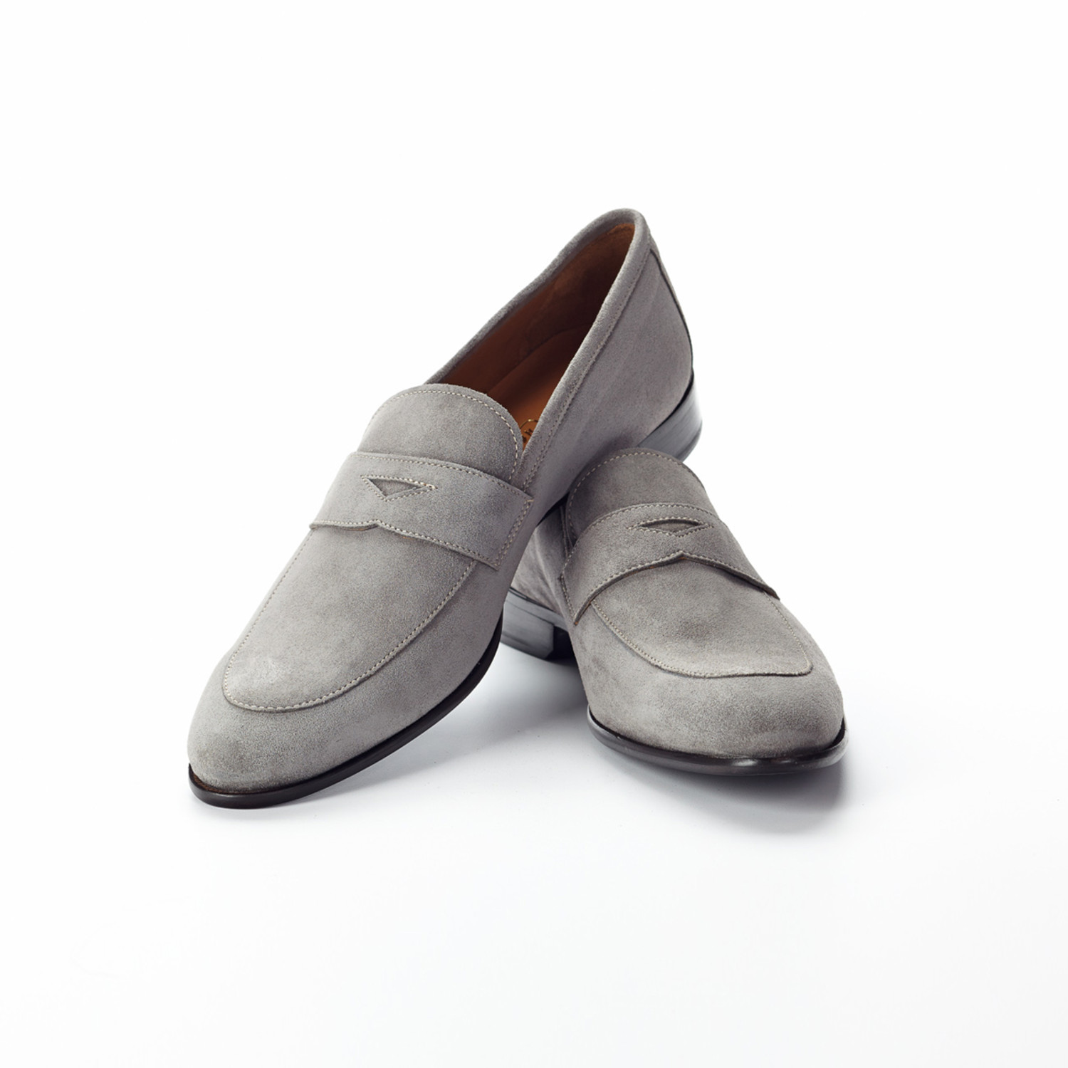 grey suede penny loafers