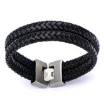 Double Strap Braided Leather Bracelet With Steel Clasp // Black