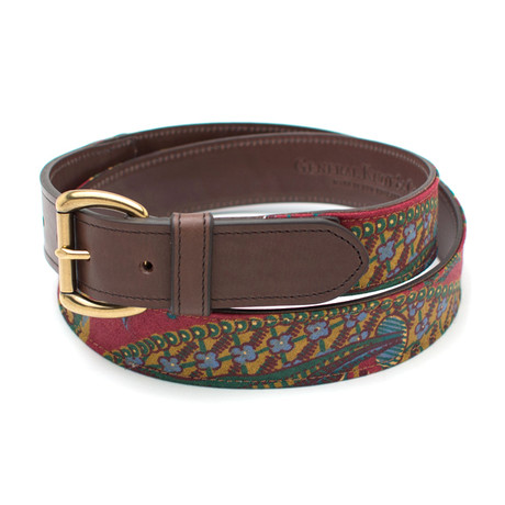 Vintage Fabric + Leather Belt // Vintage Paisley Botanical & Chocolate Leather Belt (30")