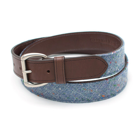 Vintage Fabric + Leather Belt// Sky Donegal Wool & Chocolate Leather (30")