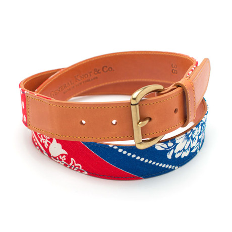 Vintage Fabric + Leather Belt // 60s Royal-Red Bandana & Tan Leather (30")