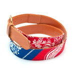 Vintage Fabric + Leather Belt // 60s Royal-Red Bandana & Tan Leather (30")