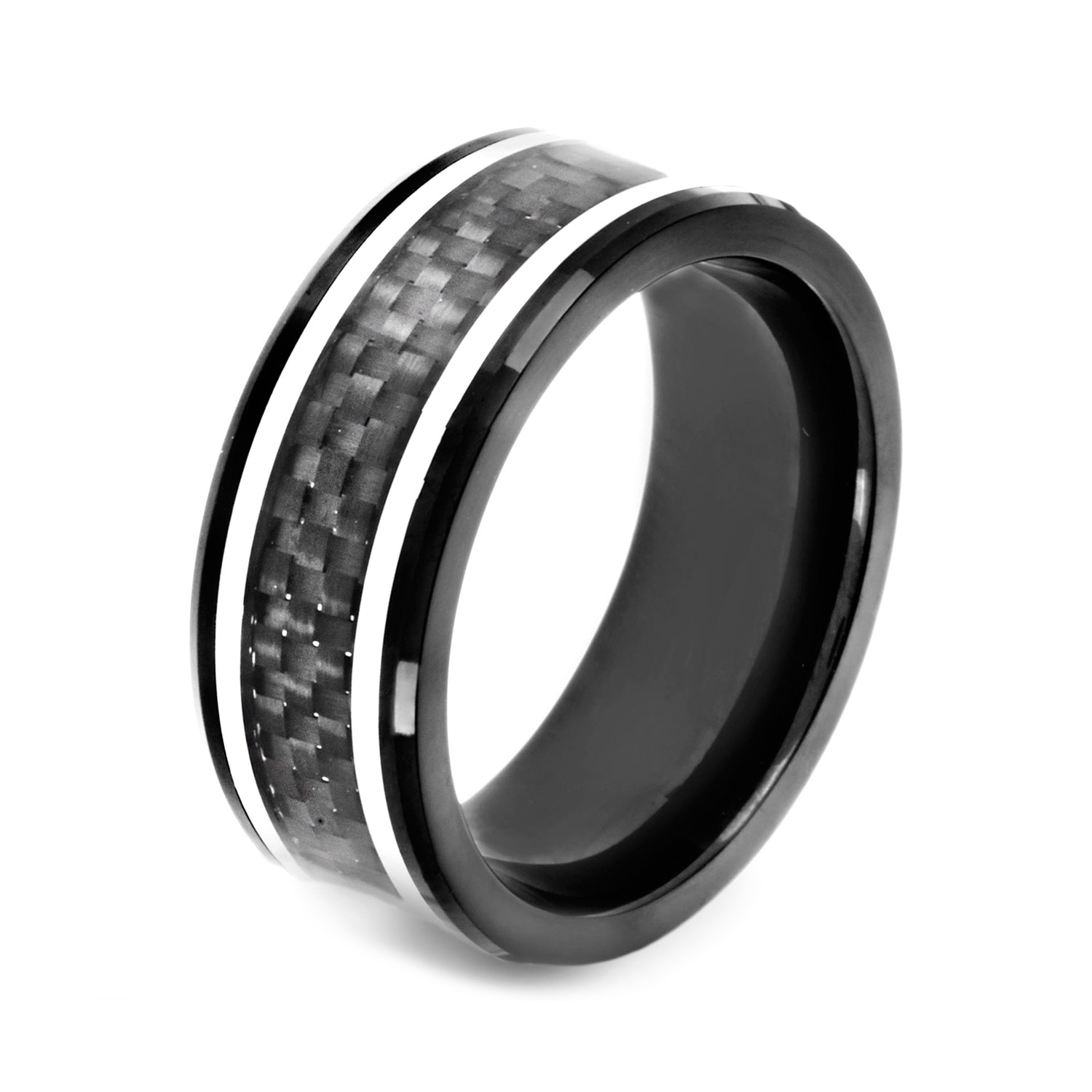 Crucible Blackplated Stainless Steel Carbon Fiber Inlay Ring (Size 8