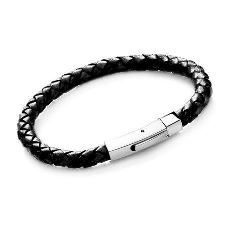 Braided Leather Bracelet // Stainless Steel Rocker Clasp